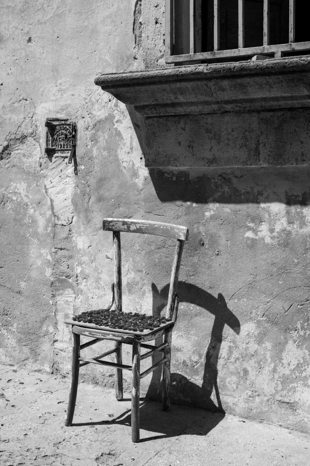 Rustic chair with lots of sliced cherry tomatoes, being sun-dried.