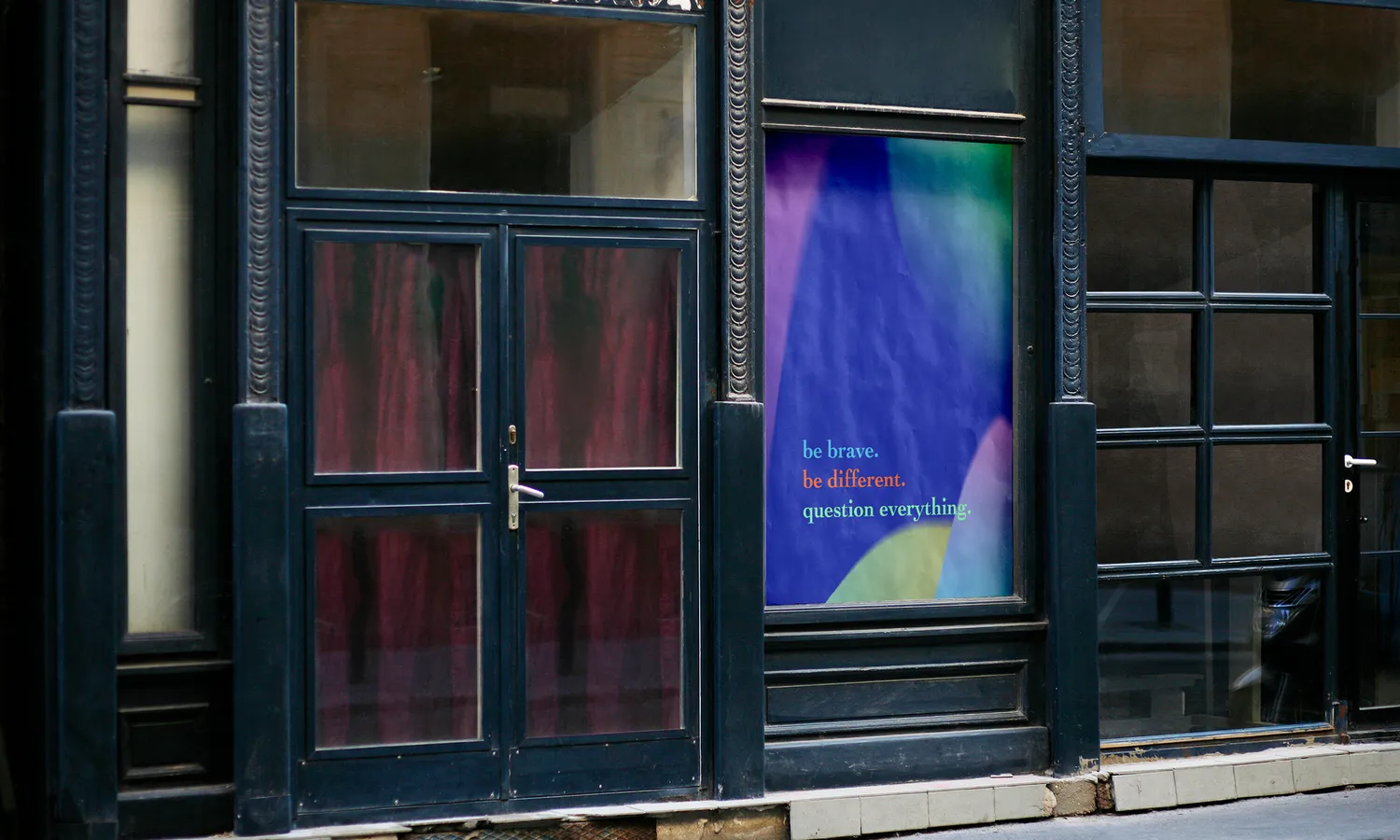 Street view showcasing a poster with a colorful and vibrant hipsterish identity