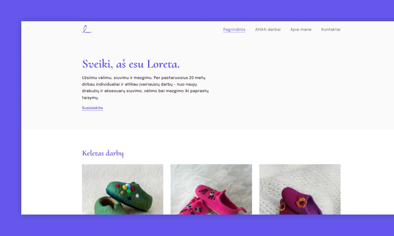 Sleek and minimalist desktop website showcasing Loreta's felting work